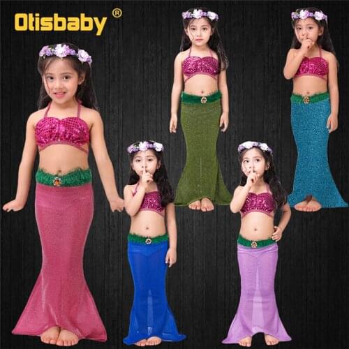 2PCS/Set Girls Little Mermaid Tail Costume Children Halloween Cosplay Kids Girl Fancy Swimsuit Beach Bikini Set Bathing Suit