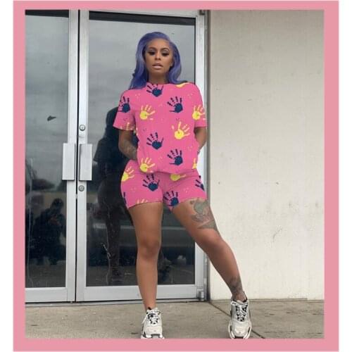 Fashion Two Piece Sets Printed Pink Summer Shorts Sleeveless Tracksuit Womens Tops And Biker SHorts Biker Sports Suit Outfits