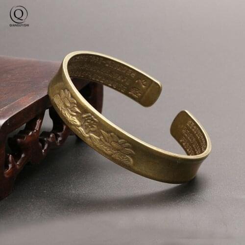 Brass Buddha Flower Pattern Princess Bangle Classic Pure Copper Open Bracelet Ancient Women Wristband Decor Valentines Day Gift