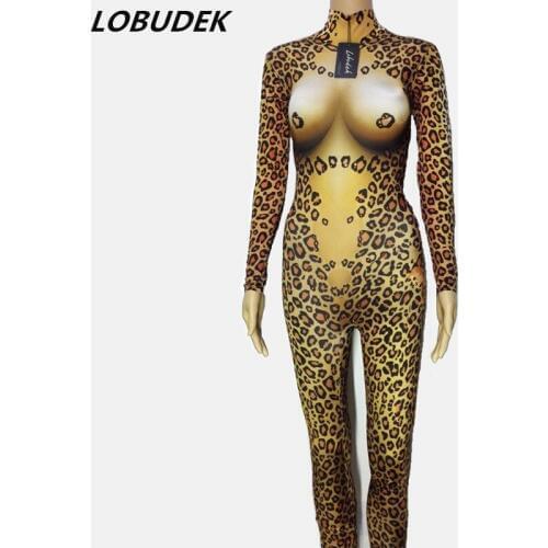 Leopard Printing Crystals Elastic Jumpsuit Nightclub Women Pole Dancing Costume Bar Party Show Role Performance Rompers Cosplay