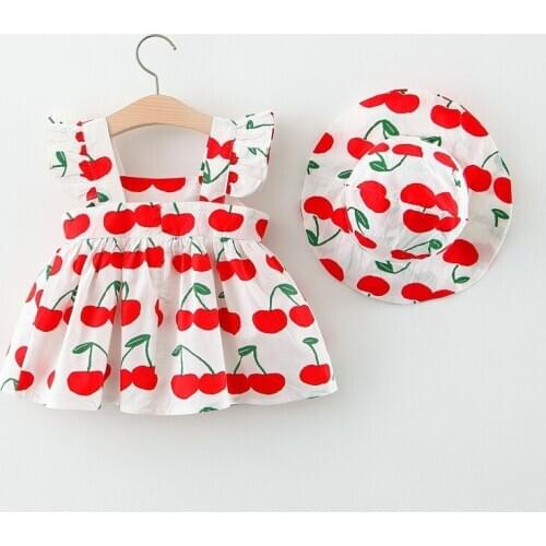 Summer Girls Dress Cherry Dot Princess Dresses Fruit Hat Outfits Baby Clothing Infant Girl Clothes Party Clothing