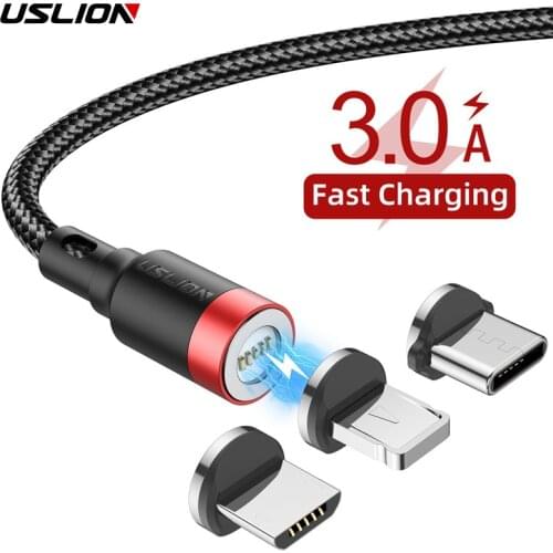 USLION 3A Magnetic Cable Fast Charging For iPhone Xs Max XR 8 7 6 6S Plus Micro USB Cable Type C Cable For Samsung Xiaomi Huawei