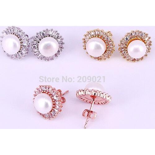 Fashion 8Pair Nature Pearl Round Design Stud Earrings, CZ Zircon Micro pave charm earrings for women wedding party jewelry