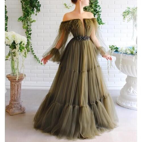 Dubai Muslim Evening Dresses A-line Off The Shoulder Tulle Tiered Saudi Arabia Long Evening Gown Prom Dress Robe De Soiree