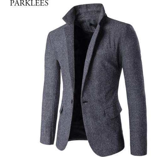 Gray Woolen Blazer Jacket Men One Button Notched Lapel Smart Formal Brand Suit Blazer Mens High Quality Herringbone Blazer Homme