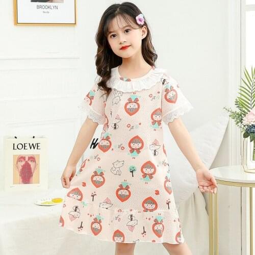 Girls' Nightdress Lace Short Sleeve Cotton Night Dress Princess Style Children Home Clothing Pajama Girl Nightdress Loose Pajama