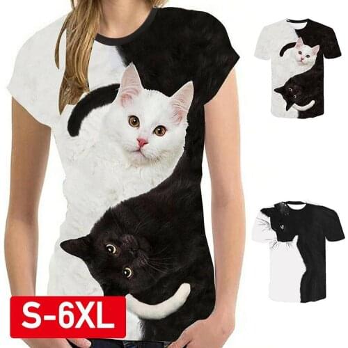2021 New Cute Black And White Cat Cartoon Animal Print 3d Women T-shirt And Men Y7E4
