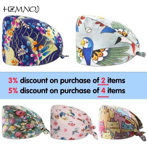 Cartoon Animal Print Frosted Hat Multicolor Fashion Nurse Hat Cotton High Quality Gourd Hat Beauty Salon Laboratory Work Hat