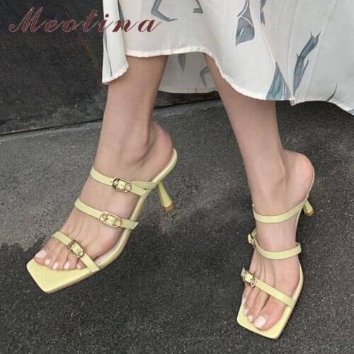 Meotina Shoes Women Genuine Leather Slippers Narrow Band High Heel Sandals Square Toe Slides Thin Heel Ladies Footwear Summer