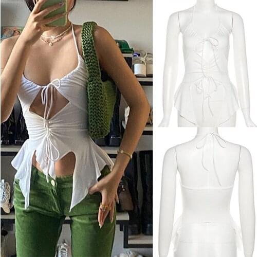 Sexy Ruffles Cut Out Tank Tops Y2K Fashion Bandage Hollow Out Halter Tops Drawstring Clubwear