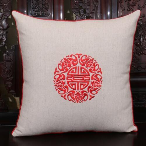 Embroidery Lucky Chinese White Linen Cushion Cover 45x45 Decorative Lumbar Cushion Natural Cotton Pillow Case for Christmas