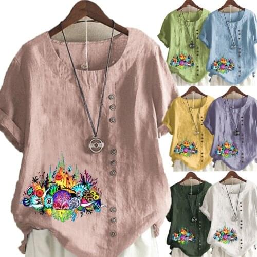 Womens New Fashion Summer Floral Printed Round Neck Short Sleeve T-shirt Casual Loose Solid Color Blouse Tops Plus Size