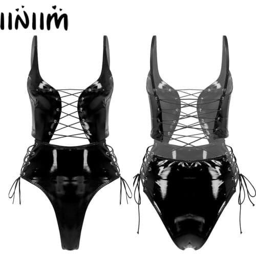 Womens Femme Body Latex Bodysuits Spaghetti Strap Patent Leather Bodysuit Wetlook Lace-up Catsuit Moto Pole Dance Clubwear