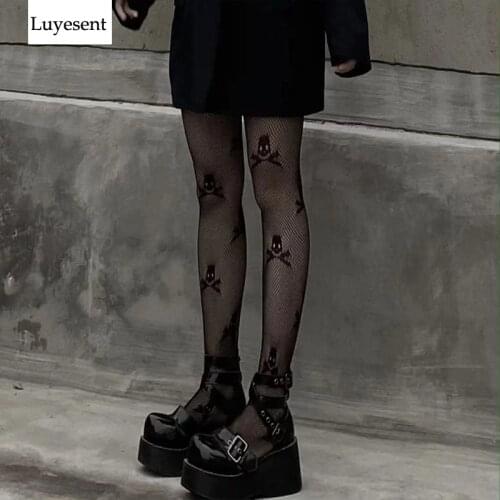 Dark Gothic Skull Sexy Women Tights 2021 Hipster Solid Black Lady Hollow out Nylon Thin Leggings Cool Elastic Streetwear Tight
