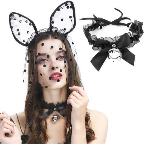 Women Sexy Bow Knot Bell Lace Collar Choker Necklace Black Bunny Girl Cosplay Jewelry Gift 2020 Female Sex Adult Flirting Toys