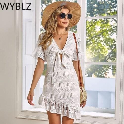 WYBLZ White Bow Tie Wrap Mini Dress Sexy Deep V Neck Hollow Out 2021 Women Summer Short Sleeve Dresses Vacation Party Sundress