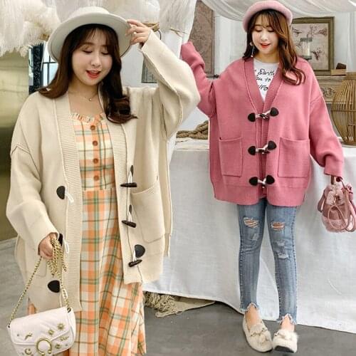 2020 fall/winter new plus size sweater coat loose and versatile simple Korean version of the horn button plus size sweater