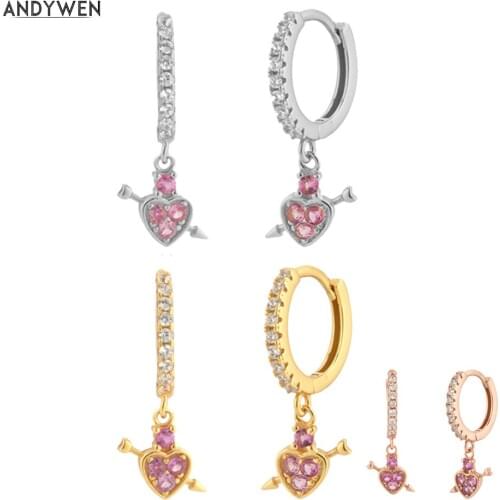 ANDYWEN 925 Sterling Silver Gold Love Pendant Pink Pave Clear Zircon Piercing Drop Earring Wedding Gift Valentiens Clips