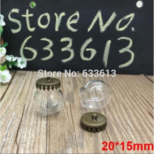 Free ship!!! 100sets/lot 20*15mm glass globe & 15mm bronze crown base set glass globes charm glass vial pendant glass cover orbs