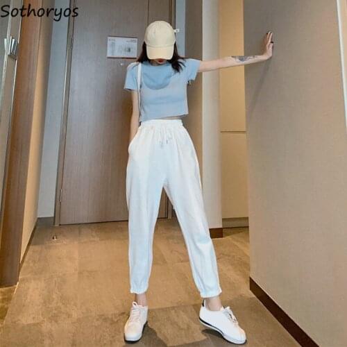 Pant Sets Women Drawstring Solid Simple Design Sweat Pants Females Slim Shirts Round Neck Korean Style Chic Casual All-match Ins