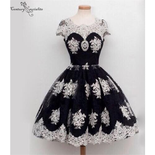 Black Homecoming Dresses Short Graduation Dress Knee Length Lace Appliques Cap Sleeves 2020 Prom Party Gowns Cheap