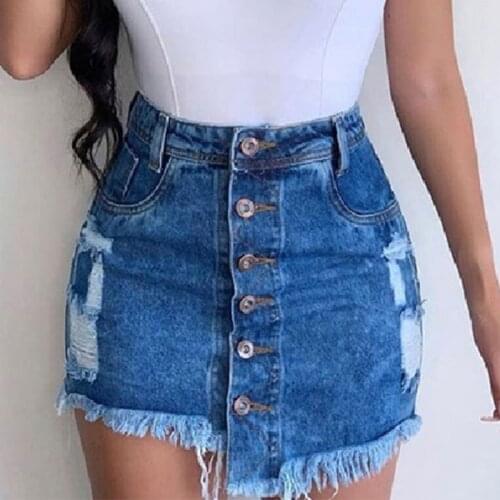Denim Short Skirt Women Fringed Buttons Frayed Irregular Holes Mini Skirts Female 2021 Spring Summer Bodycon Ladies Bottoms y2k