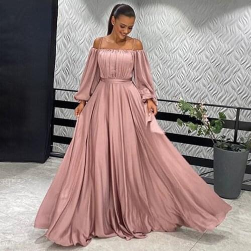 A-Line Elegant Pink Prom Dresses Full Sleeves High Slit Satin Evening Dresses Long Party Gowns Vestidos Elegantes Para Mujer