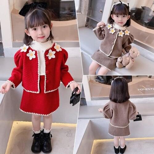 2021 New Autumn And Winter Children Clothing Korean Flower Jacket Retro Bottoming Shirt Suit Girls Set Christmas
