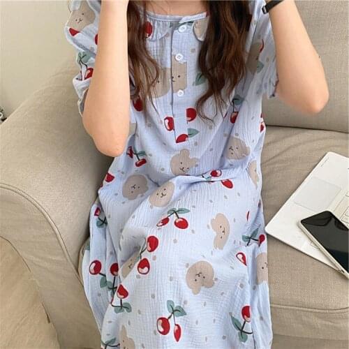 Cartoon Cute Sleepwear Women Nightdress Loose Full Cotton Long Dress Short Sleeve Summer Nightshirt Casual Students Nightgowns