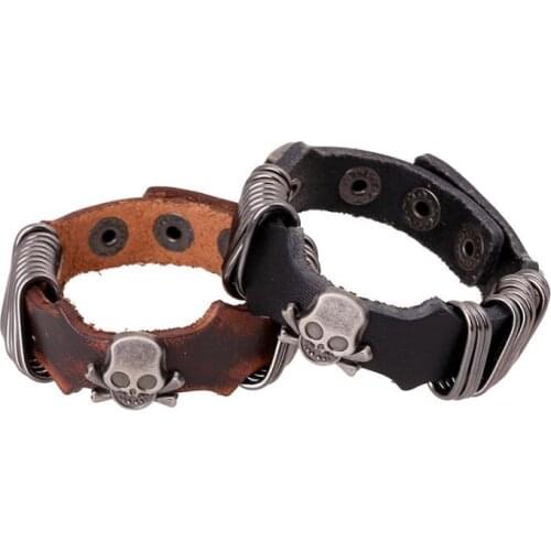 Punk Gothic Rock Men Women Bracelet Cuff Skull Wristbands Vintage Alloy Skeleton Charm Leather Wrap Bangle Fashion Jewelry Gift