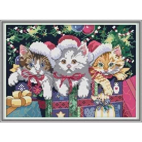 Christmas Cat Joy Sunday Cross Stitch Kit Printing 14CT 11CT Counted Cross Stitch Kits Fabric Handmade Embroidery for Needlework