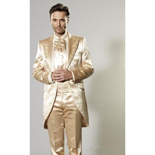 Latest Coat Pant Design Italian Gold Embroidery Satin Men Suit Slim Fit Tuxedo 2 Piece Blazers Custom Groom Prom Terno Masculino