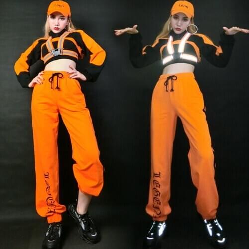 New Hip Hop Dance Clothing For Women Orange Crop Top Sweatshirt Pants Loose Jazz Nightclub Dj Show Outfit Stage Costume DNV14218