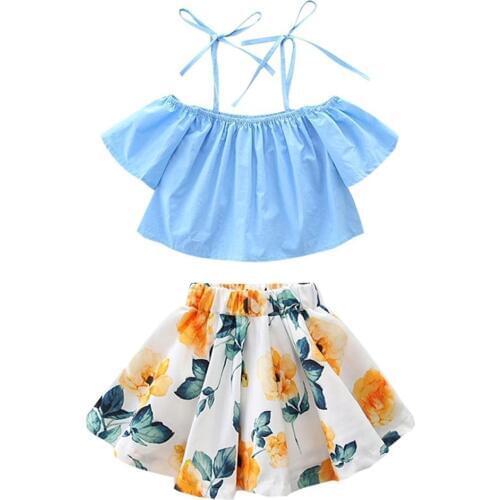 Oklady Little Girls Clothes Off Shoulder Straps Tops + Floral Skirts Outfits 2Pcs Set