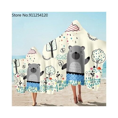 Adult Kids Animal Print Microfiber Beach Poncho Towel Quick Drying Wearable Bath Cape Towel Outdoor Beachwear Hooded Blanket