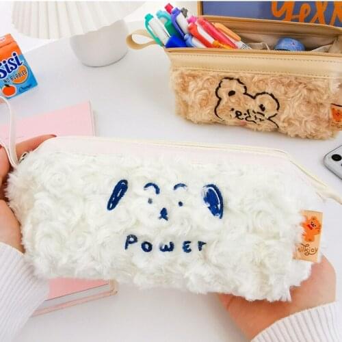 Cute Bear Plush Pencil Case High Capacity Student Stationery School Supplies Storage Bag Kawaii Cartoon Bag Back To School