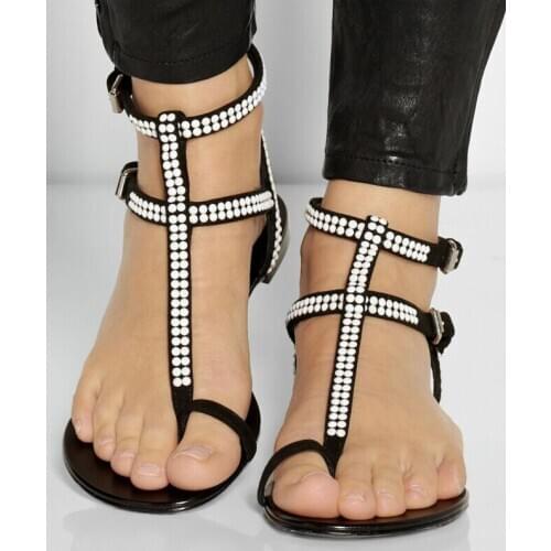 ASHIOFU Handmade Girls Flat Sandals Crystals T-strap School Beach Shoes Summer Daily Wear Fashion Sandals Shoes