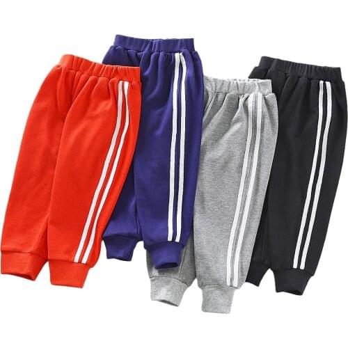 Spring Autumn Cotton Childrens Full Sports Pants Side Stripe Casual Solid Trousers Baby Boys Girls Elastic Waist Kids Long Pant