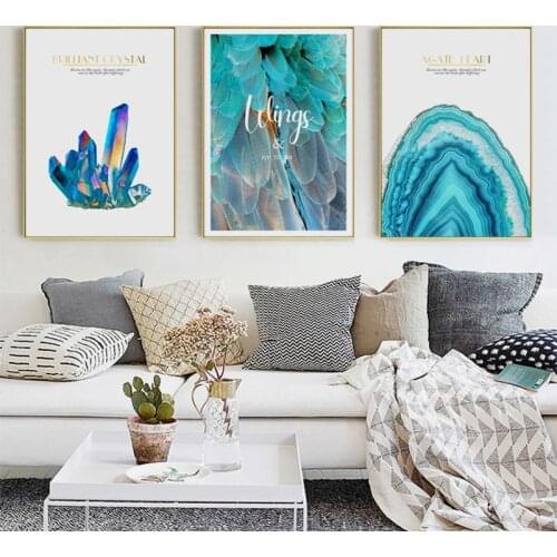 Nordic Decoration Blue Feather Wall Art Canvas Painting Abstract Crystal Quotes Posters and prints Wall Pictures for Living Room