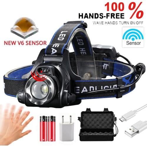LED Headlamp IR Sensor Headlight USB Rechargeable V6/L2/T6 Induction LED Headlamp Fishing Head Light Lamp Lantern By 18650 Batte