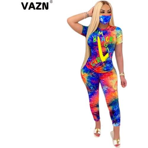 VAZN 2020 Hot Sales Plus Size Young Regular Daily Simple Casual Short Sleeve Top Long Pants Tracksuits Slim Women 2 Piece Se