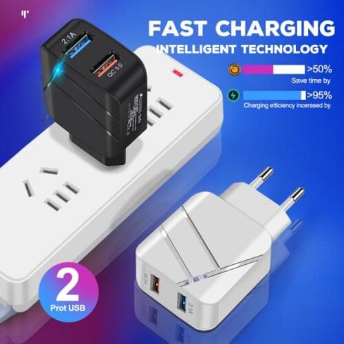 Hot QC3.0 Mobile Phone Charger With Indication Function LED Dual USB Charging Head EU/US Travel Charger Universal Mobile Adapter