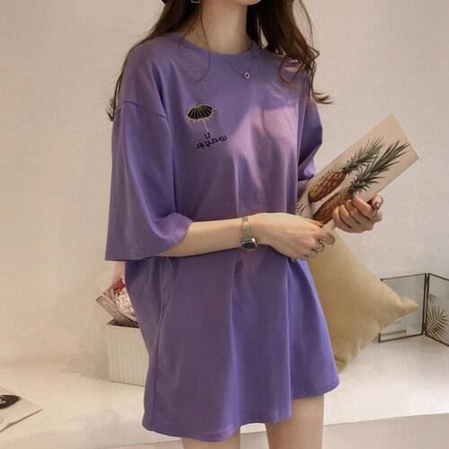 Women Umbrella Embroidery Short Sleeve O Neck Oversized T-shirt Top Long Blouse