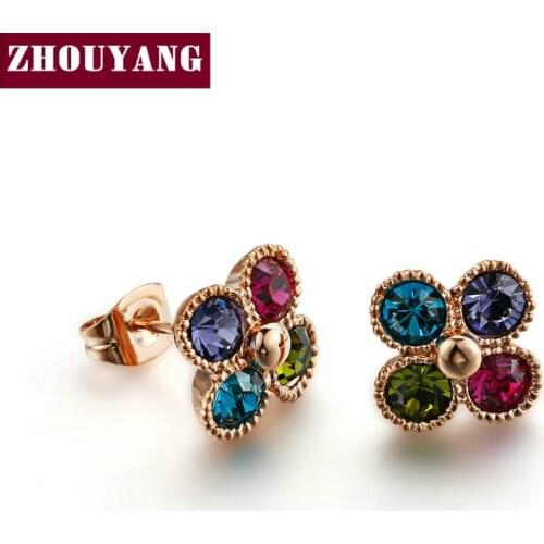 ZHOUYANG Stud Earring For Women Multicolor Austrian Crystal Lucky Clover Rose Gold Silver Color Jewelry Fashion Jewelry E226