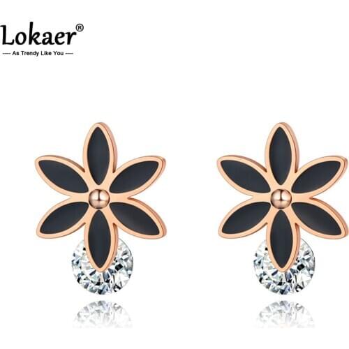 Lokaer Trendy Stainless Steel White Black Glaze Flower Bohemia Party Earrings For Women Original CZ Crystal Earrings E20138
