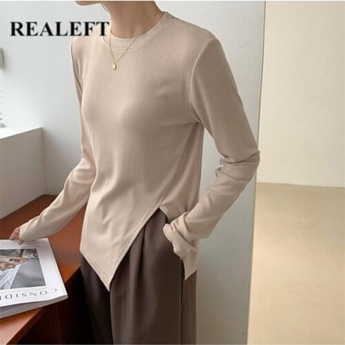 REALEFT Spring Autumn Solid Womens Knitted Pullover 2021 New Long Sleeve O-Neck Casual Split Bottoming Sweaters Female Tops