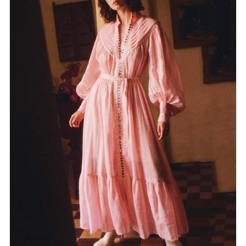 Women Summer Maxi Dress Stand Collar Lantern Sleeve Button Down High Waist Tunic Sashes Long Dress