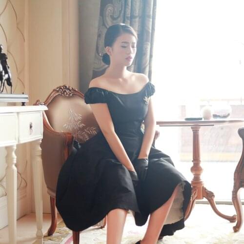 35- summer women vintage 50s puff sleeve boat neck swing little black dress rockabilly pinup vestidos retro plus size dresses