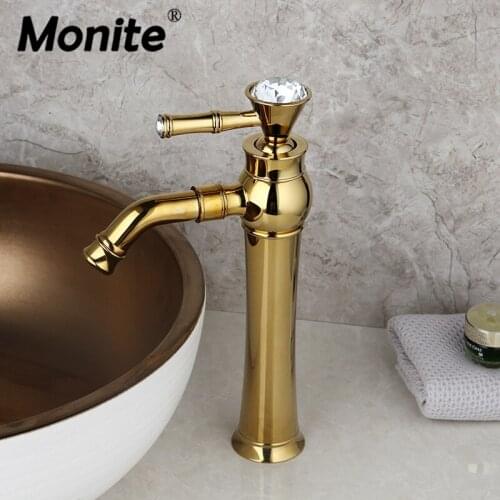 Monite Golden Polished Bathroom Faucet Basin Sink Mixer Tap Diamond Handle Mixer Rotated Spout Faucet Water Mixer Tap