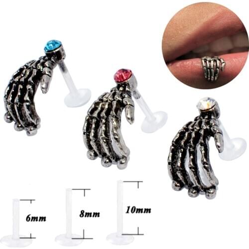 1PC CZ Gem Skull Hand Bioplast Flexible Labret Monore Lip Ring Ear Stud Tragus Cartilage Helix Earring Fashion Piercing Jewelry